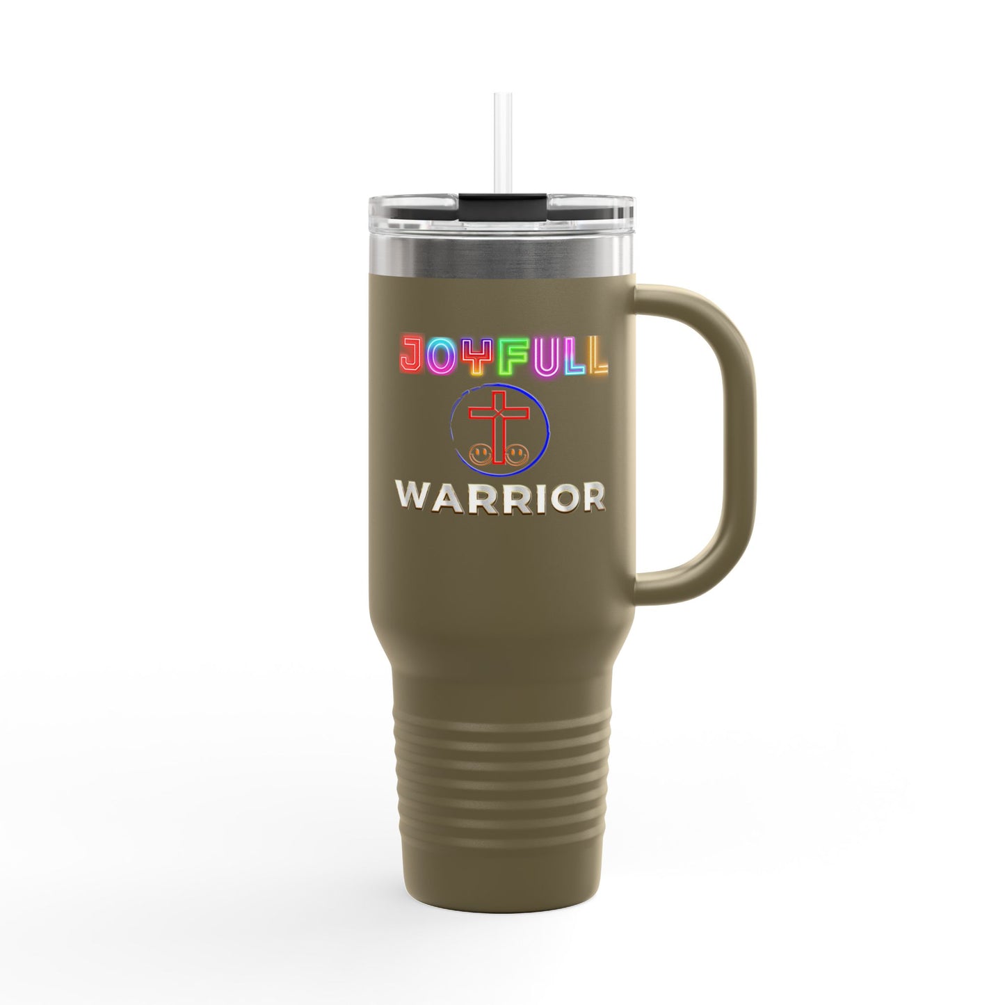 Joyful Warrior 40oz Insulated Travel Mug — Christian Faith Tumbler with Straw